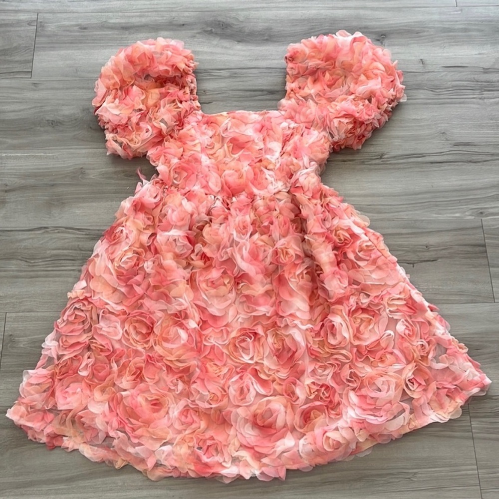 CES FEMME Dress Lace Ruffles Tule With Puff Sleeves Pink Size S